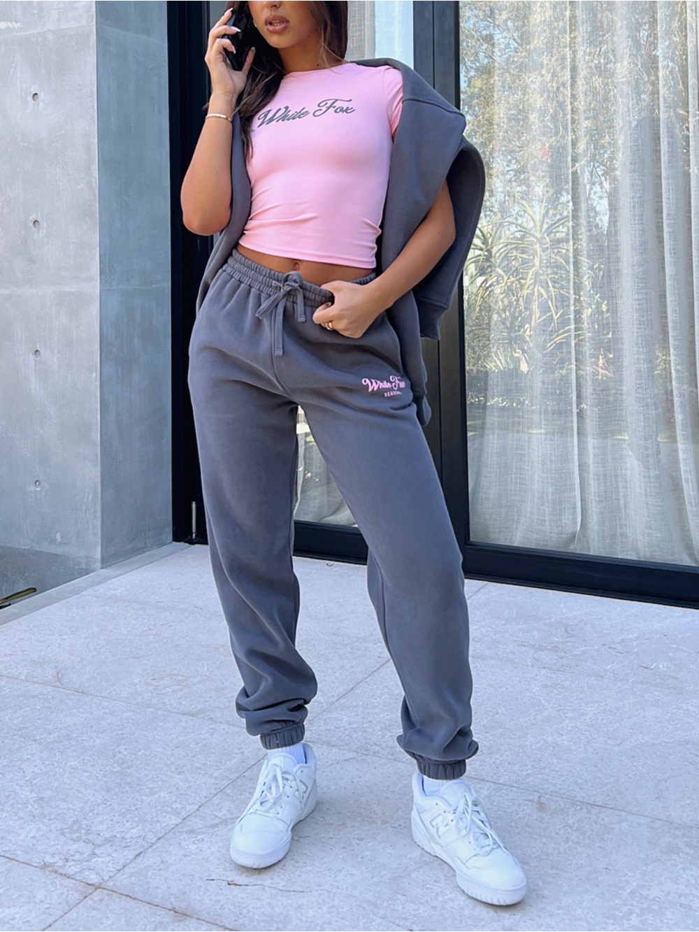 White Fox Boutique Pink Crop Top with Gray Joggers Set